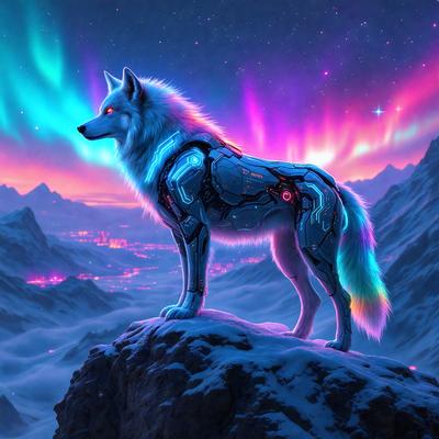 The primary subject of the image is a wolf, which is the main object, scene, or focus of the image. The wolf is standing on a snow-covered mountain, with a purple sky in the background. The visual style of the image is digital art, as it is a well-crafted and detailed illustration. The colors and mood of the image are predominantly purple and blue, creating a serene and icy atmosphere.